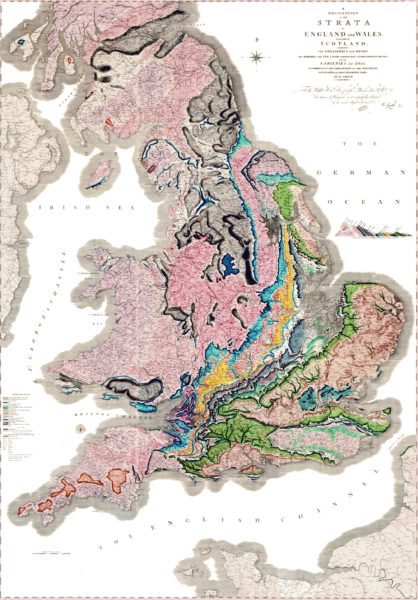 De eerste geologische kaart van Engeland en Wales door Smith (1815). Bron: https://en.wikipedia.org/wiki/Geologic_map#/media/File:Geological_map_Britain_William_Smith_1815.jpg