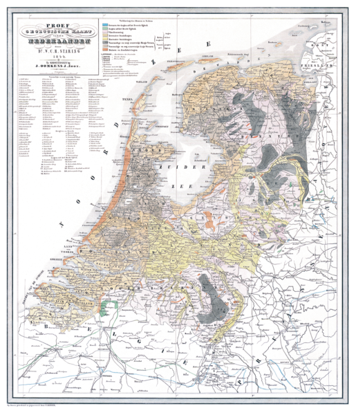 De eerste geologische overzichtskaart van Nederland door W.C.H. Staring (1844), schaal 1:800.000. Digitaal gerestaureerd en uitgegeven in 2017 door TNO – Geologische Dienst Nederland.